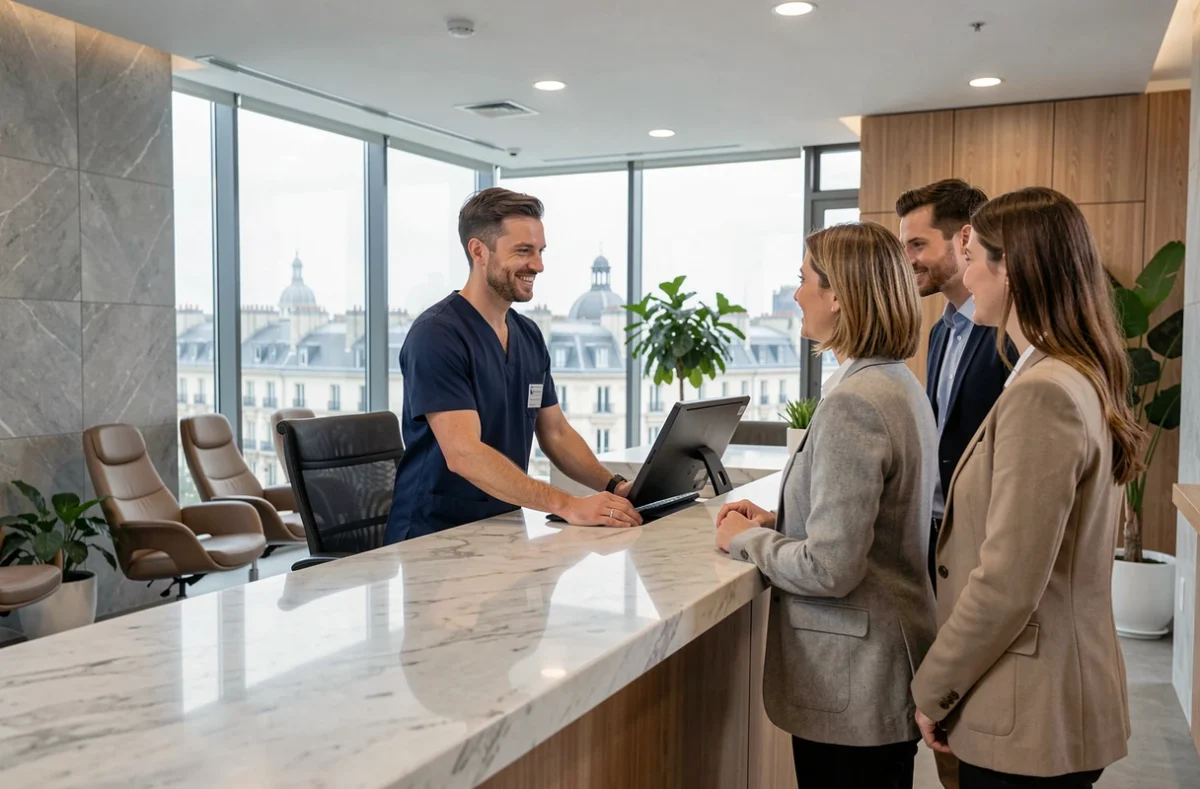 Accueil d'une clinique privée à Lyon avec un réceptionniste aidant des patients à l'entrée moderne de l'établissement