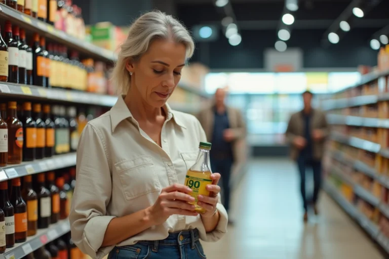 Femme lisant l'étiquette d'une bouteille d'alcool à 90° pour fruits dans un rayon de supermarché Leclerc
