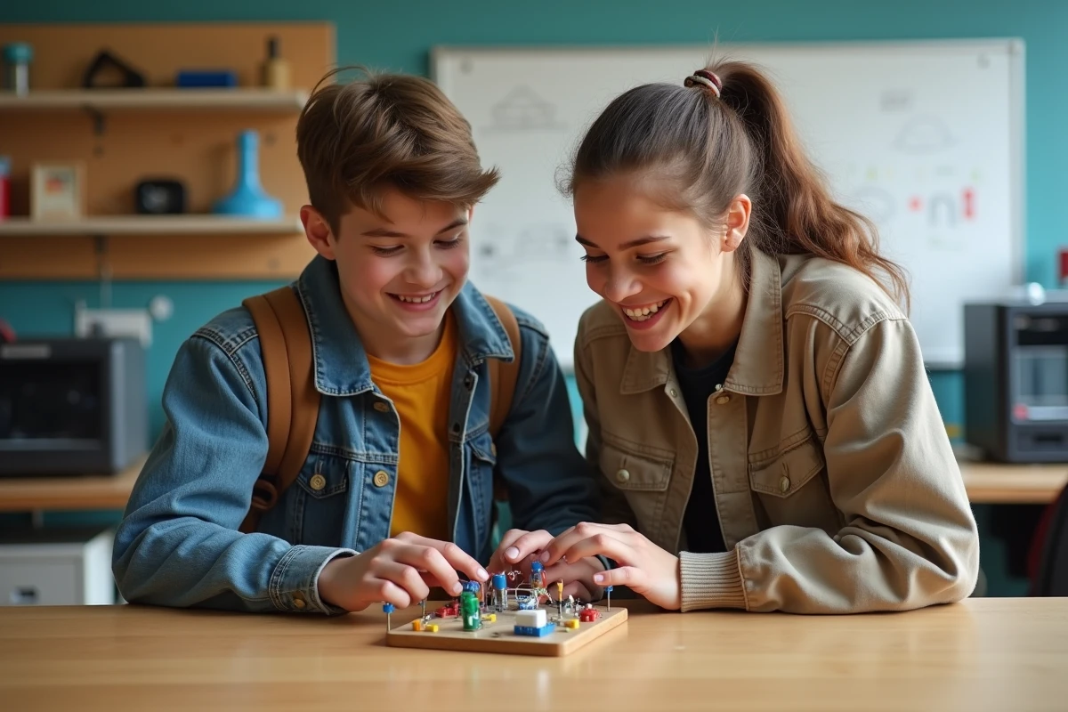 Deux adolescents collaborant sur un projet de bouton sonore DIY dans un atelier scolaire de fabrication