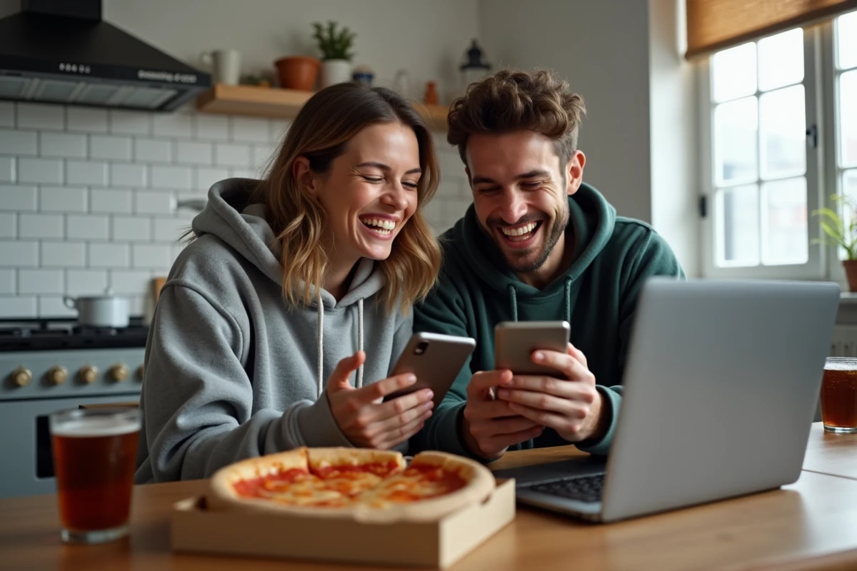 Deux amis comparant des applications de streaming gratuit sur tablette et smartphone autour d'une table de cuisine