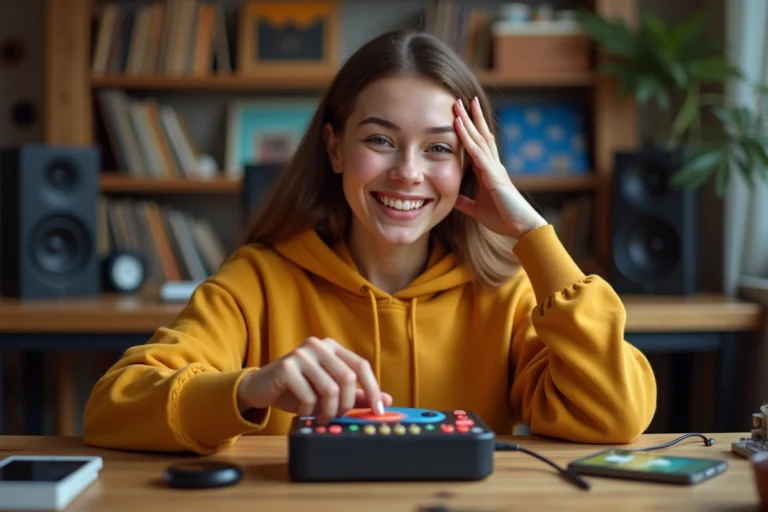 Jeune femme appuyant sur le bouton My Instant d'un appareil sonore coloré dans un studio maison créatif