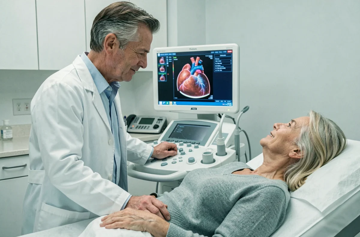 Cardiologue réalisant une échographie cardiaque sur une patiente dans une salle d'examen d'une clinique privée à Lyon