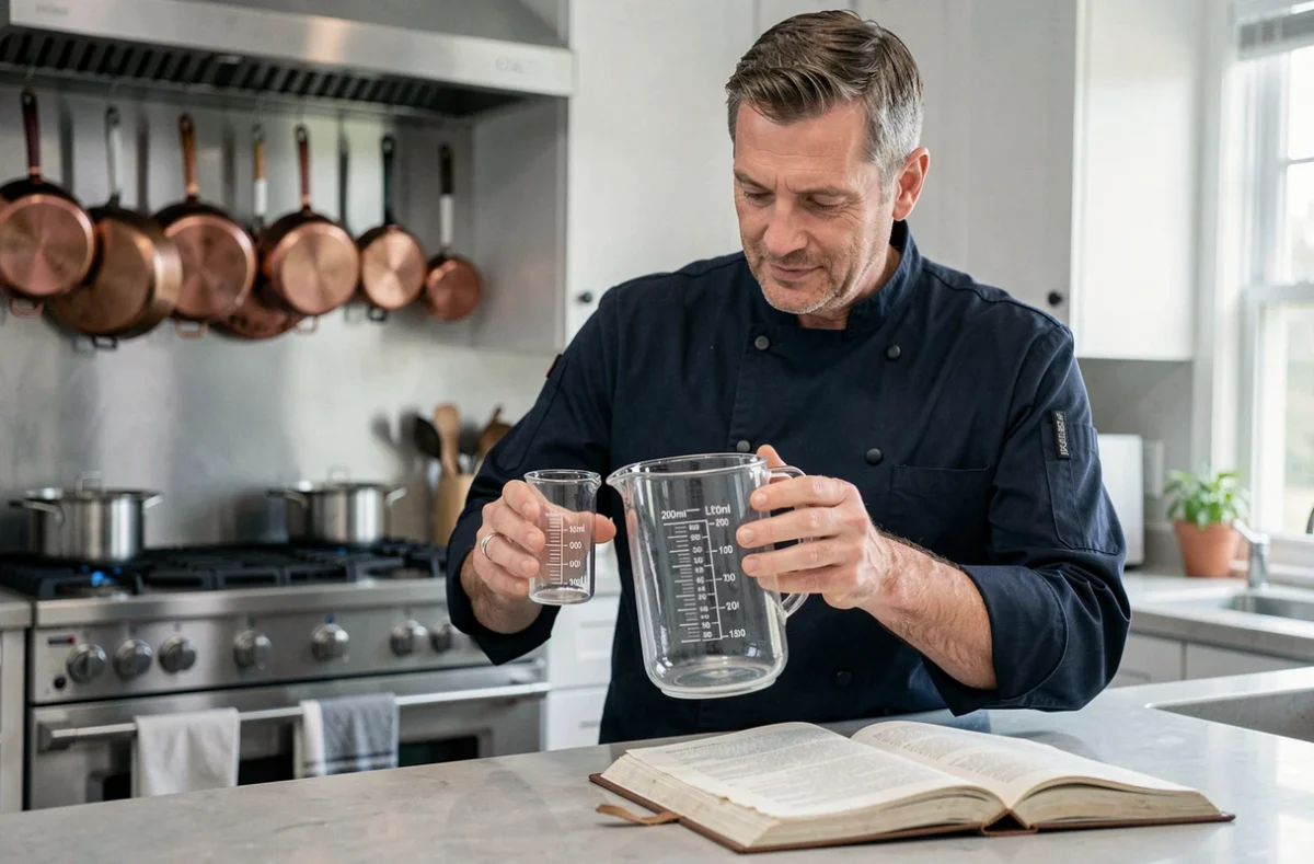 Chef comparant un verre doseur de 200 ml et un litre en cuisine professionnelle pour une recette