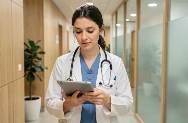 Chirurgienne en blouse blanche consultant un dossier patient sur tablette dans le couloir d'une clinique privée à Lyon