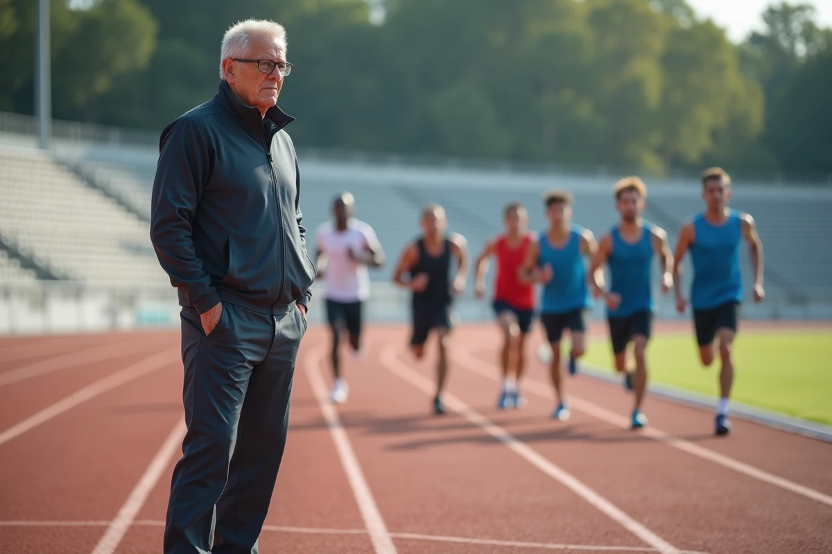 Entraineur surveillant des athlètes en course sur piste