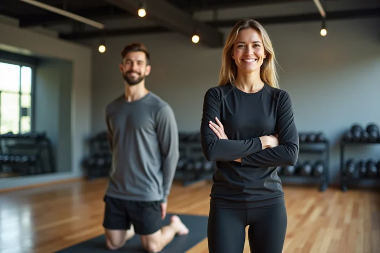 Coach sportive encourageant un jeune homme en yoga