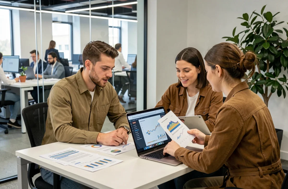 Deux collègues collaborant sur des rapports de données et un ordinateur portable dans une salle de réunion vitrée moderne