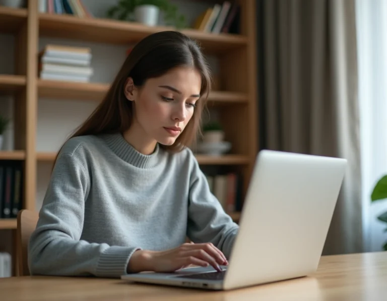 Femme comparant deux plateformes numériques sur des écrans d'ordinateur dans un bureau moderne