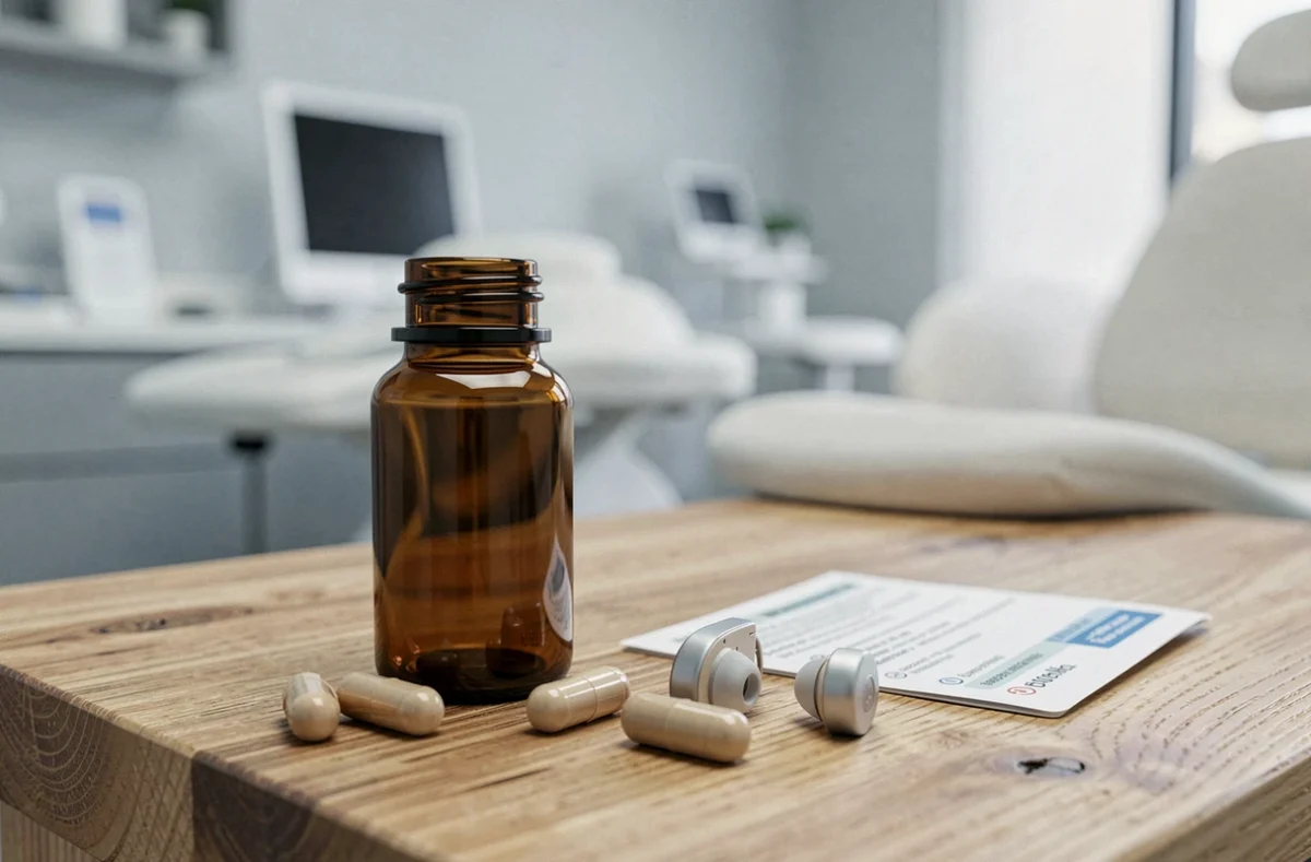 Gros plan sur un complément alimentaire pour les acouphènes, des aides auditives et une notice médicale sur une table en bois