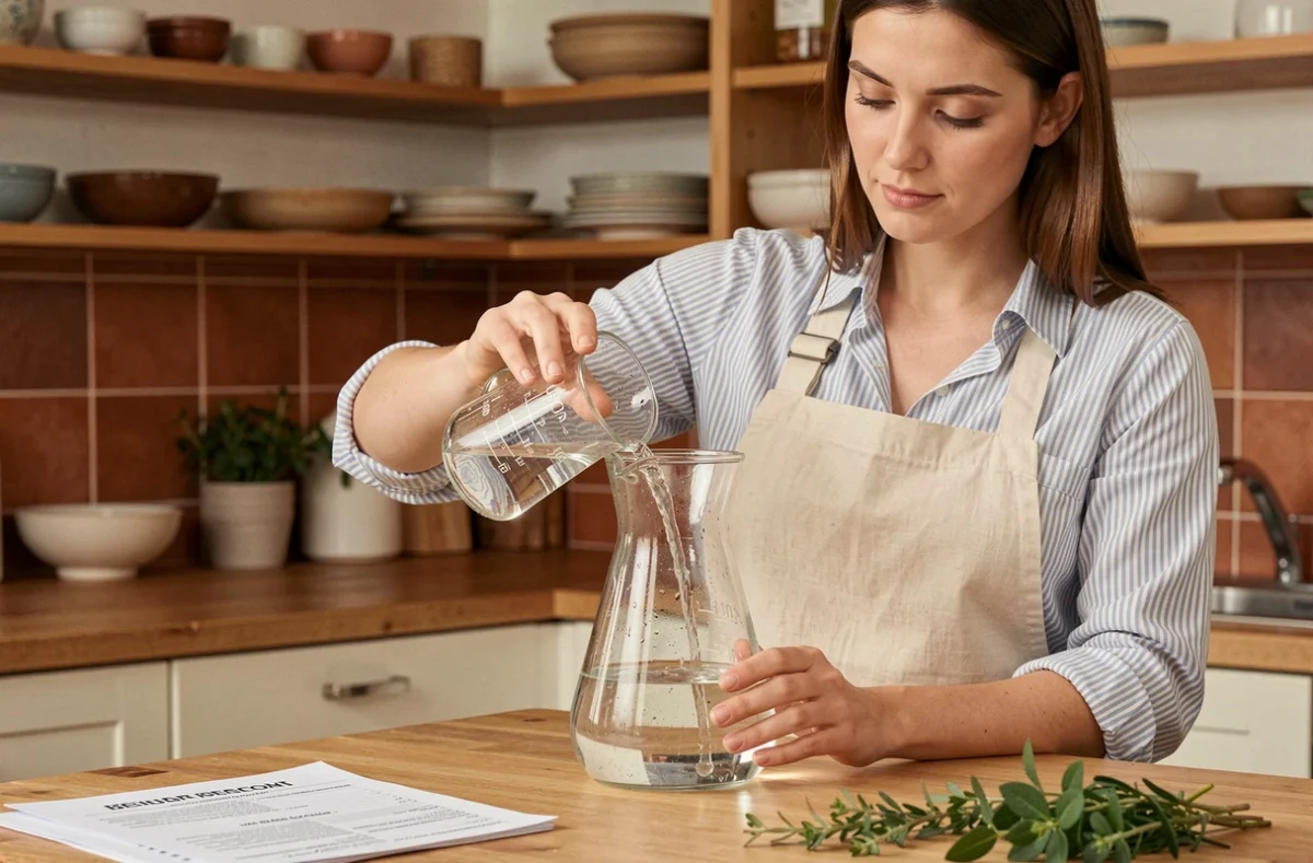 Femme versant 200 ml de liquide dans un litre de recette de cuisine avec des ustensiles de mesure en verre