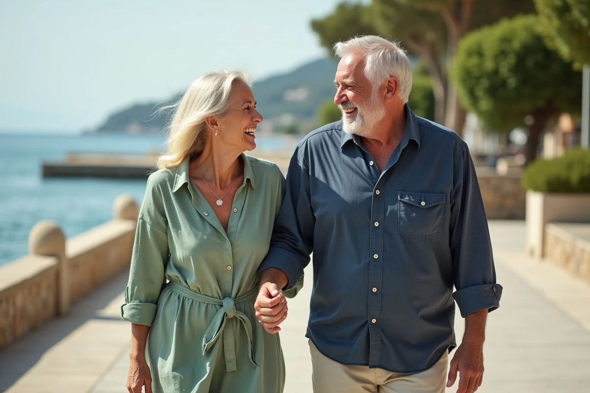 Couple mature et complice se promenant sur une promenade méditerranéenne, symbole de séduction et de romance après 60 ans