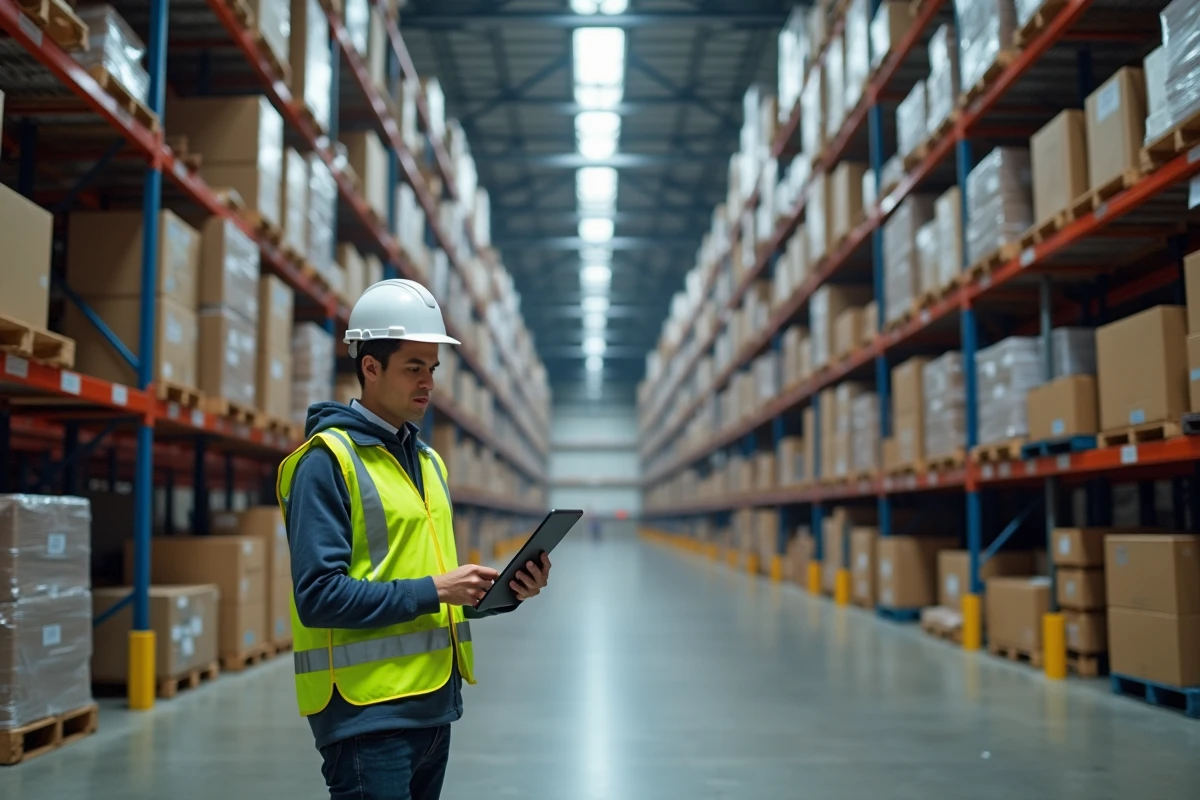 Entrepôt logistique moderne avec des rayonnages métalliques et un opérateur contrôlant les stocks sur tablette numérique