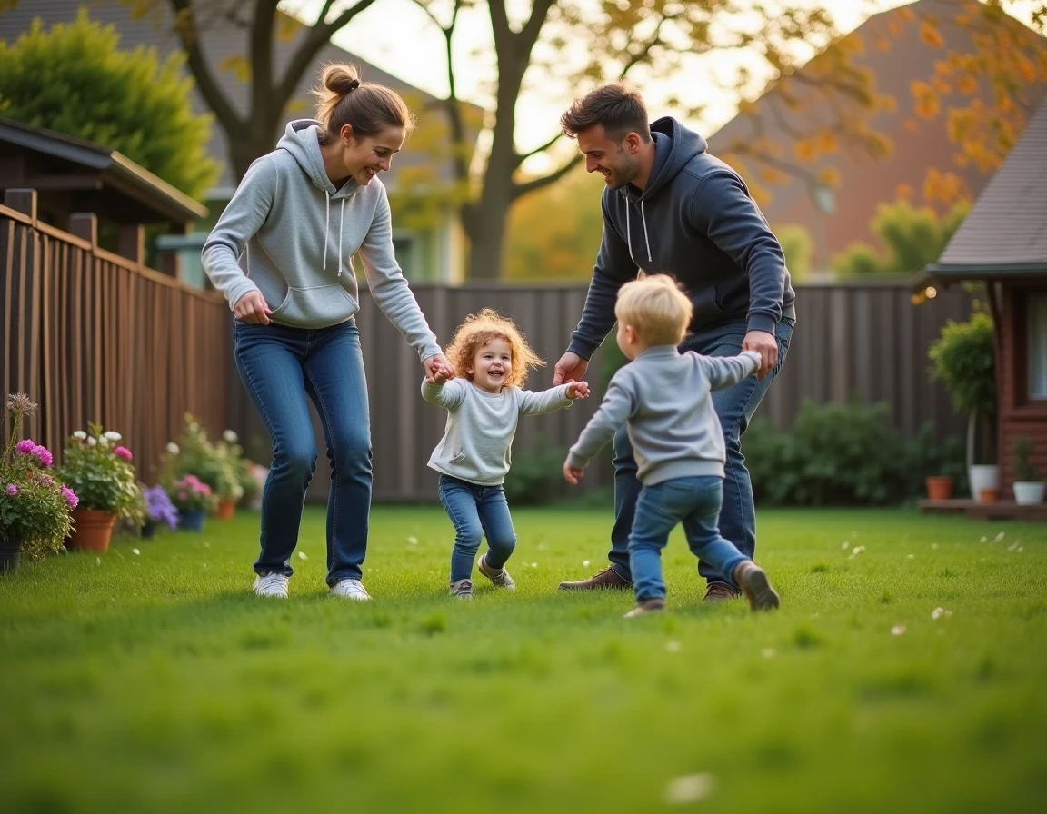 Famille jouant ensemble dans un jardin pavillonnaire pendant un week-end ensoleillé d'automne