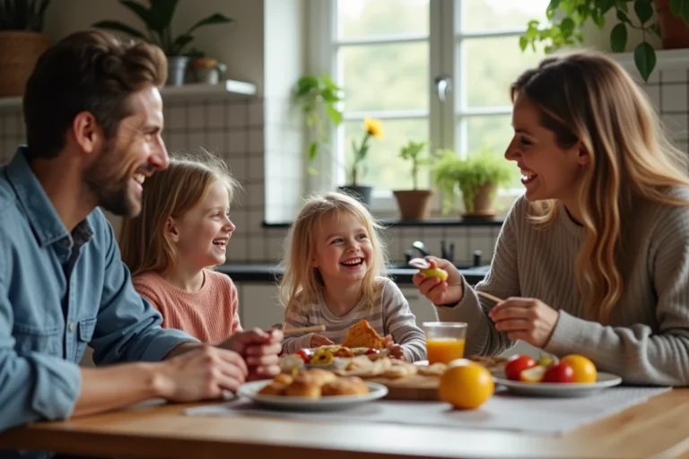Famille souriante autour d'un petit déjeuner convivial