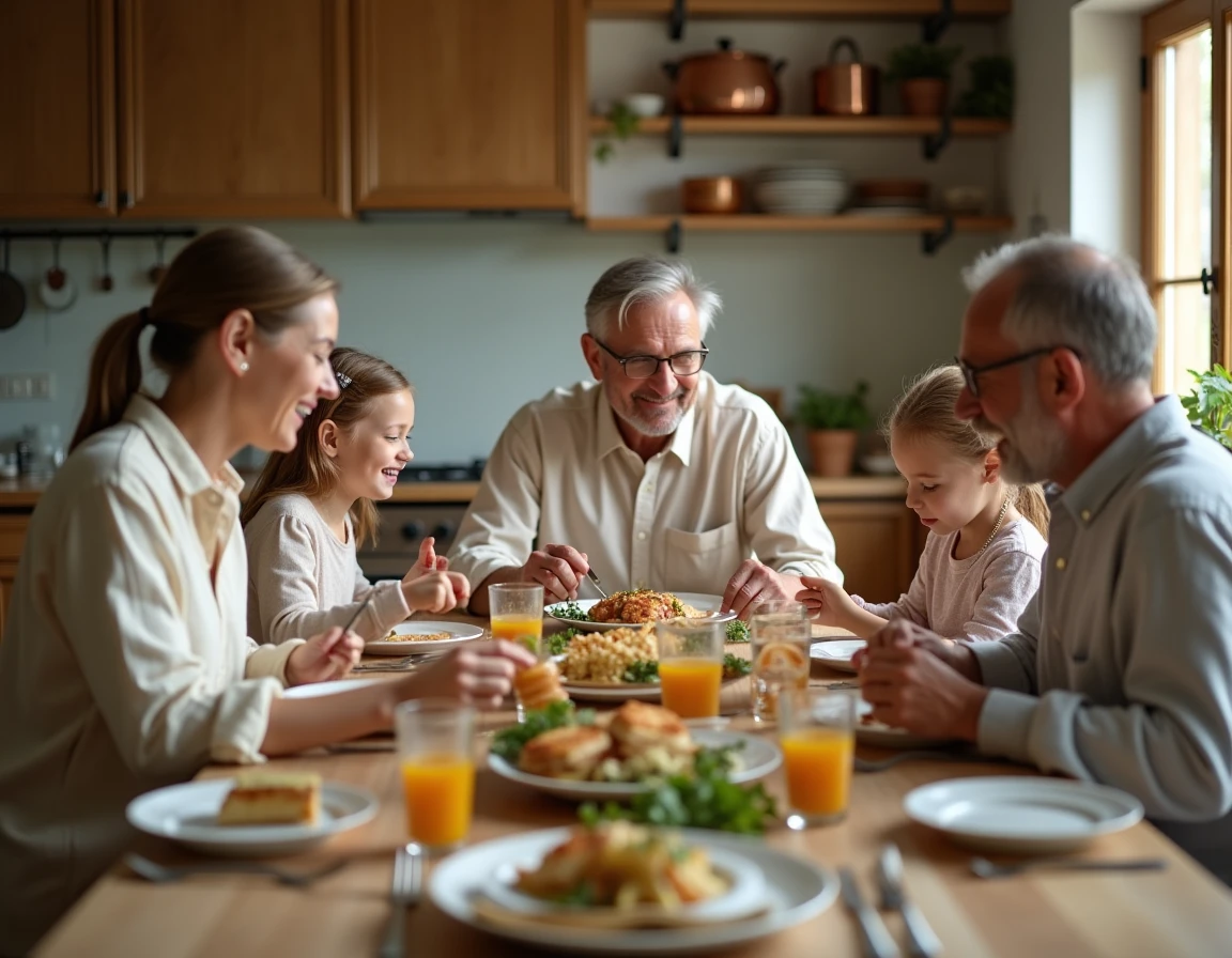 Famille multigénérationnelle réunie autour d'un repas fait maison dans une cuisine moderne en bois