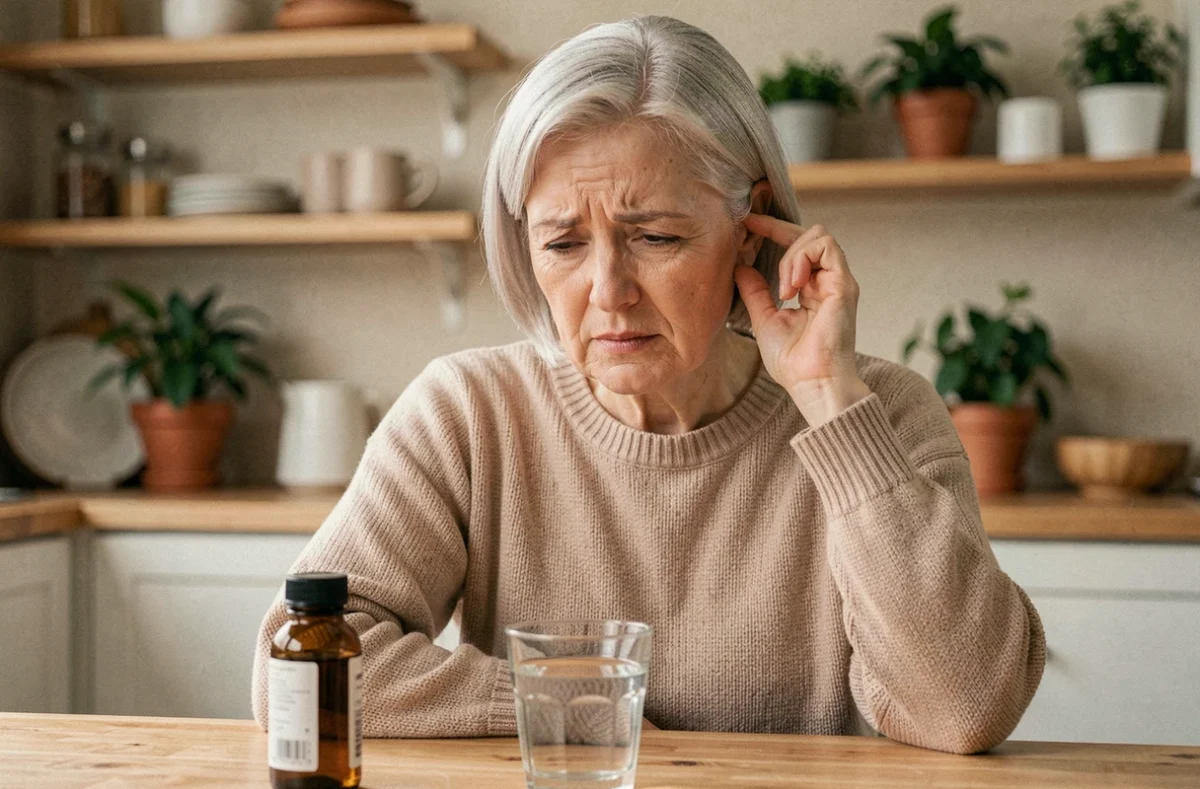 Femme mature tenant son oreille en raison d'acouphènes, avec un complément alimentaire Audistim posé sur la table