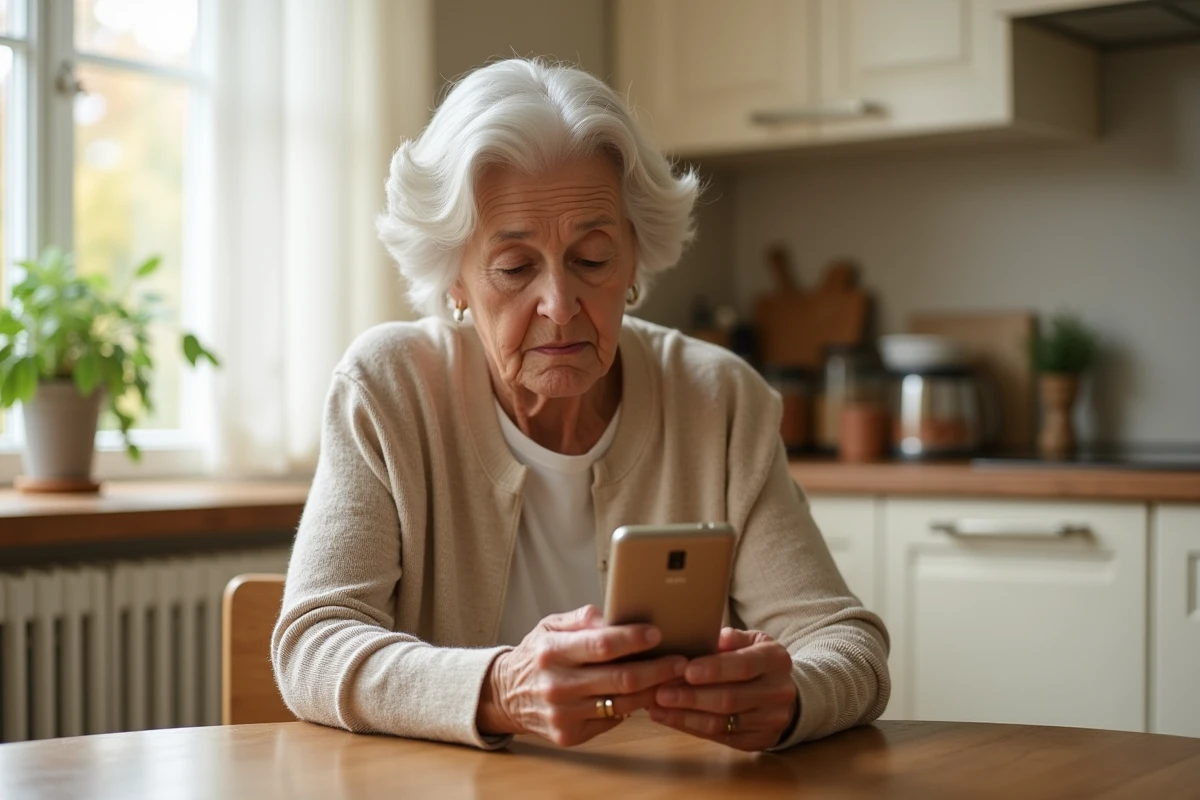 Une femme âgée examine son téléphone Doro à la table de cuisine pour résoudre un problème courant