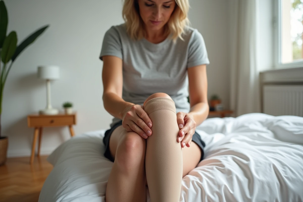 Femme ajustant un bas de contention beige sur sa jambe assise au bord d'un lit, technique de maintien des bas médicaux