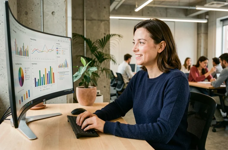 Femme analysant des visualisations de données colorées sur un grand écran incurvé dans un bureau moderne et collaboratif