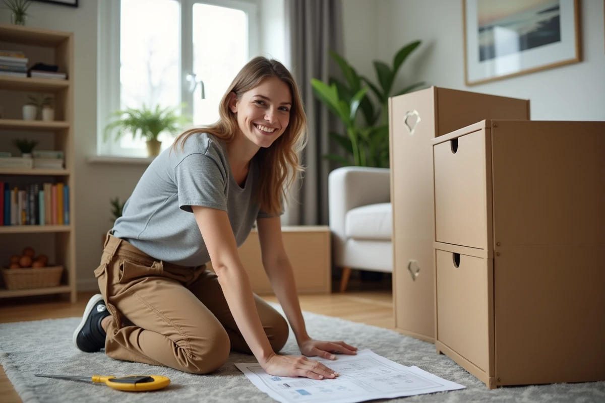 Femme assemblant un meuble dans un intérieur cosy