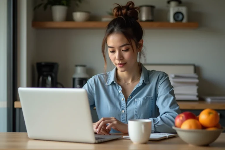 Jeune femme à la maison consulte son budget