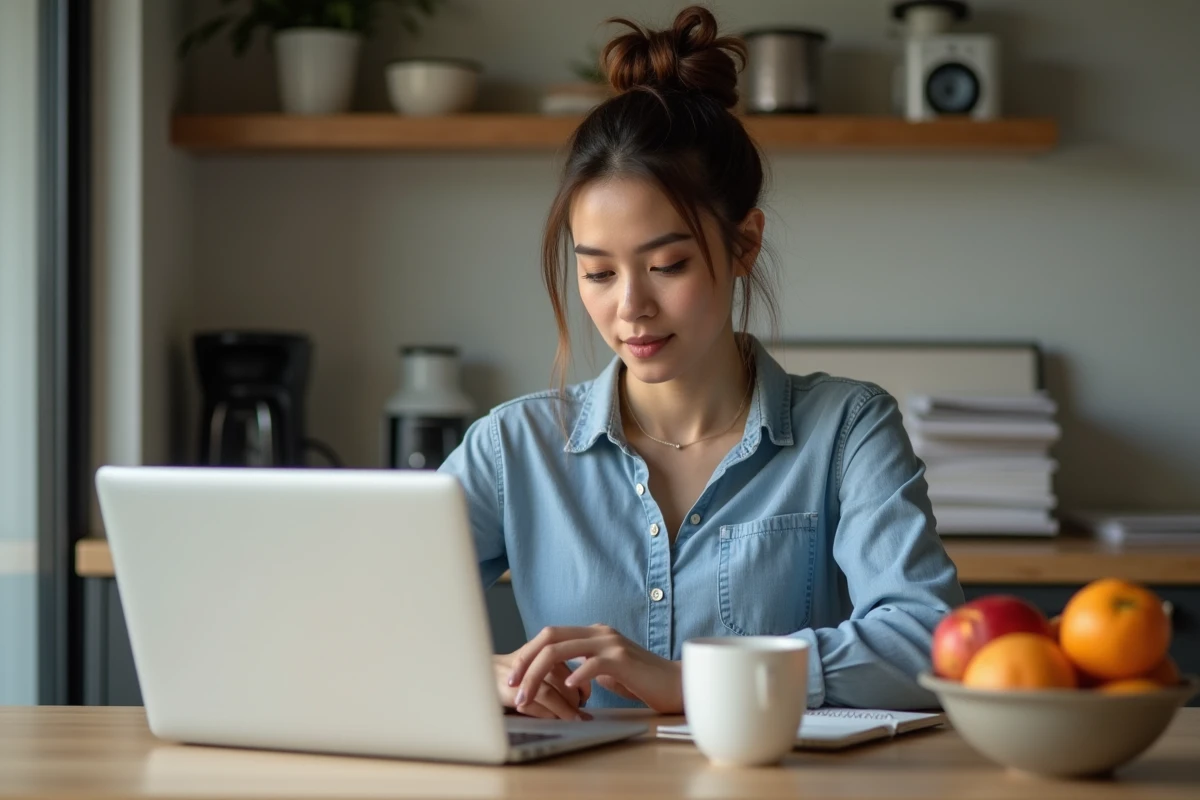 Jeune femme à la maison consulte son budget