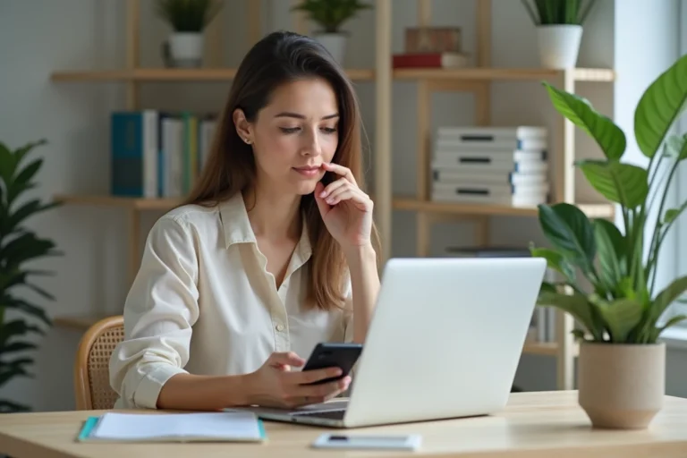 Femme au bureau moderne utilisant son smartphone