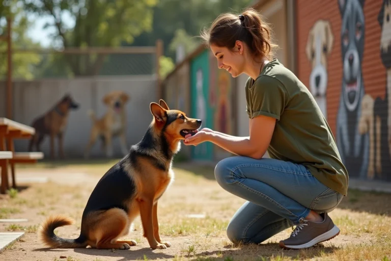 Jeune femme interagissant avec un chien rescapé dans un centre de réhabilitation animale, illustrant l'engagement pour la cause animale