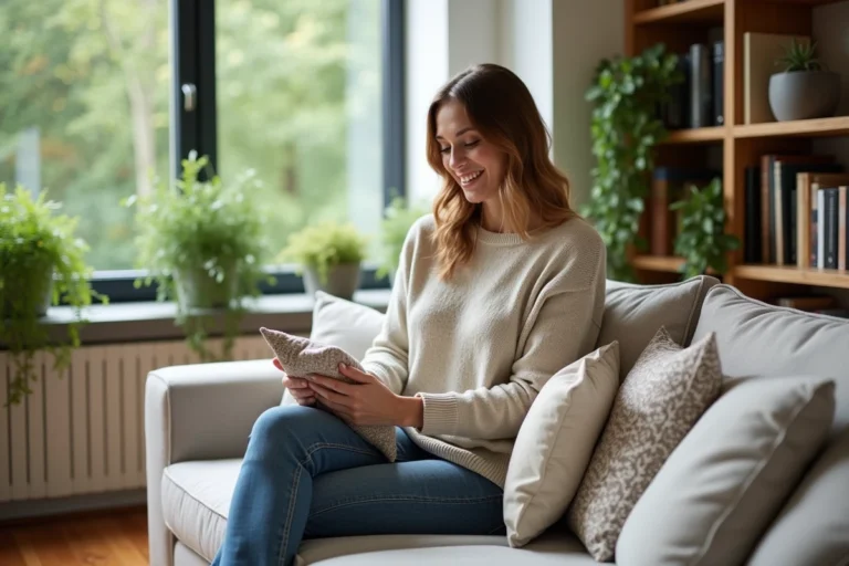 Femme souriante arrangeant des coussins dans un salon moderne