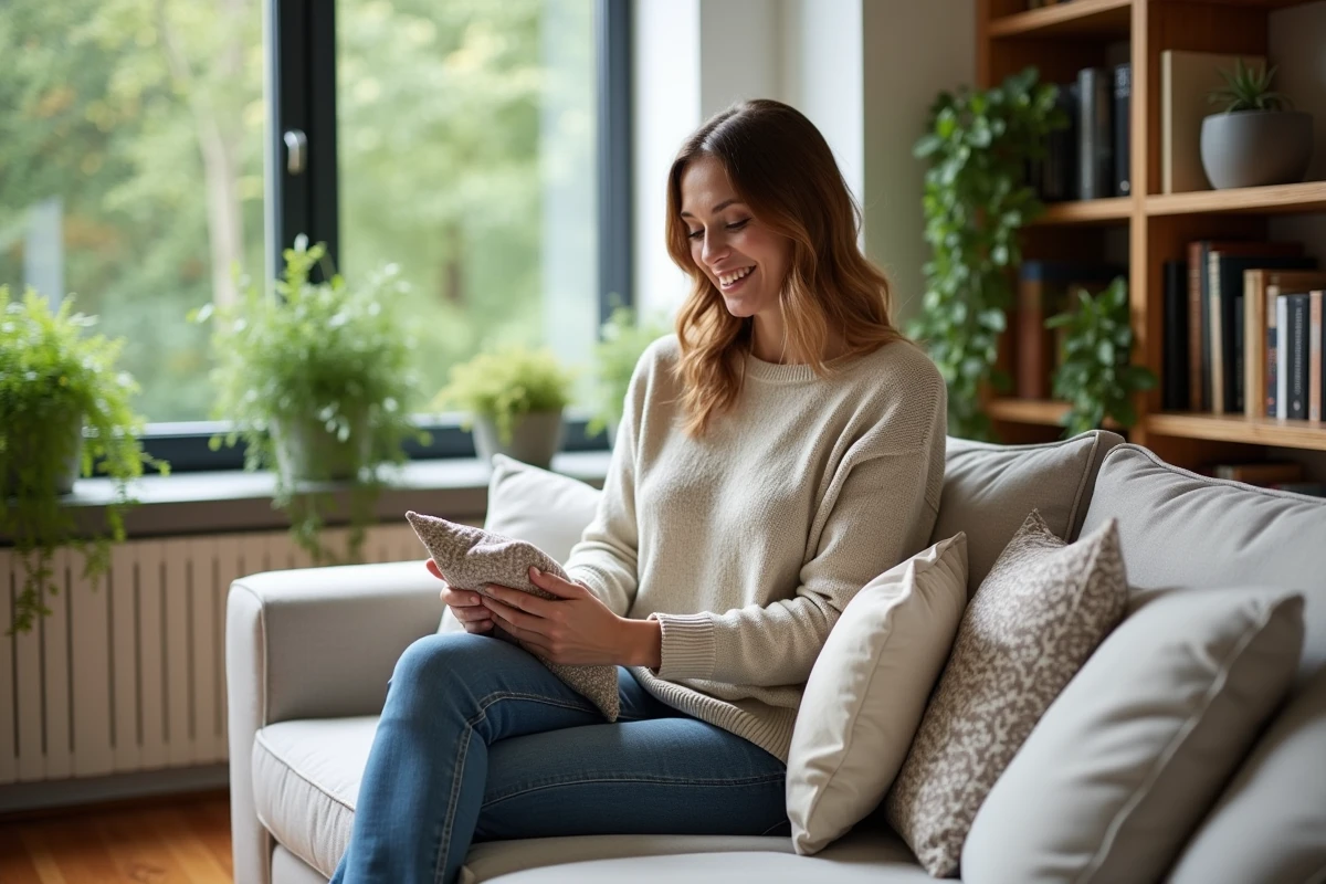 Femme souriante arrangeant des coussins dans un salon moderne