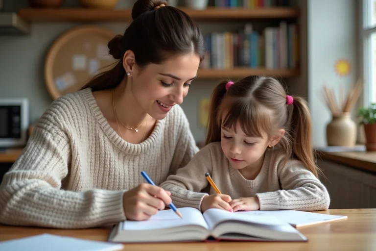 Femme et fille apprenant ensemble à la maison