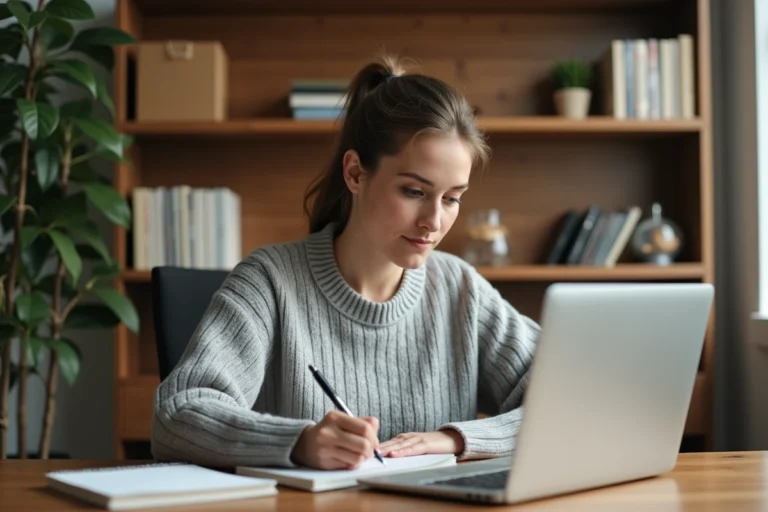 Femme concentrée suivant une formation professionnelle en ligne sur son ordinateur portable dans un bureau à domicile bien organisé