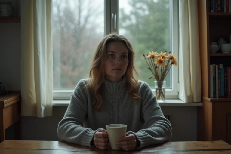 Femme mélancolique assise seule à une table en bois, tenant une tasse, regardant par une fenêtre sous la pluie, illustrant le manque et l'absence