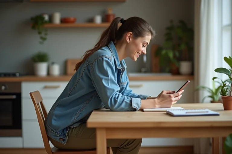 Femme détendue utilisant une application mobile dans sa cuisine