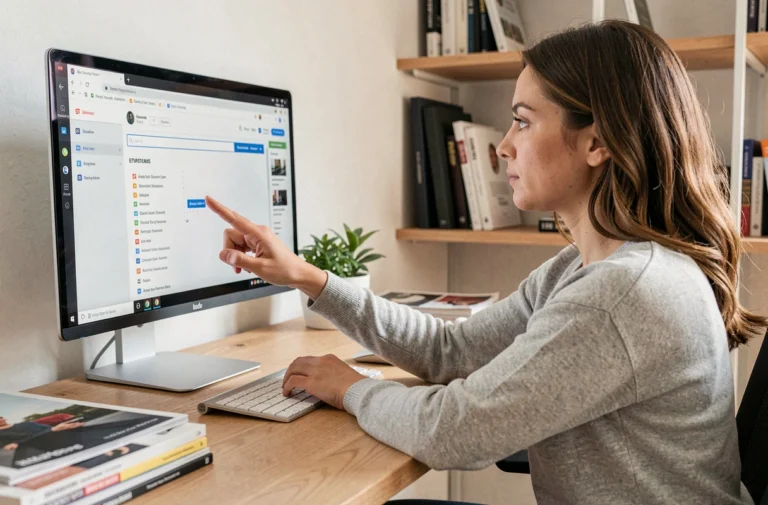 Femme consultant le plan d'un site de magazine en ligne sur un grand écran d'ordinateur dans un bureau moderne