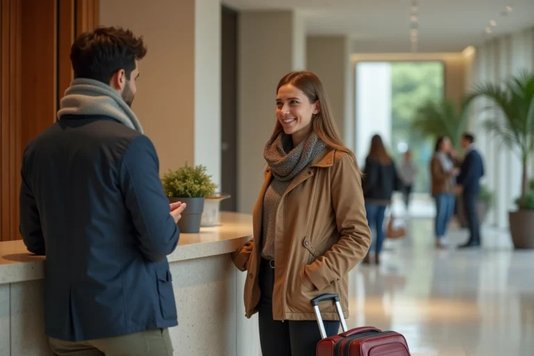 Femme souriante à la réception d'hôtel avec valise