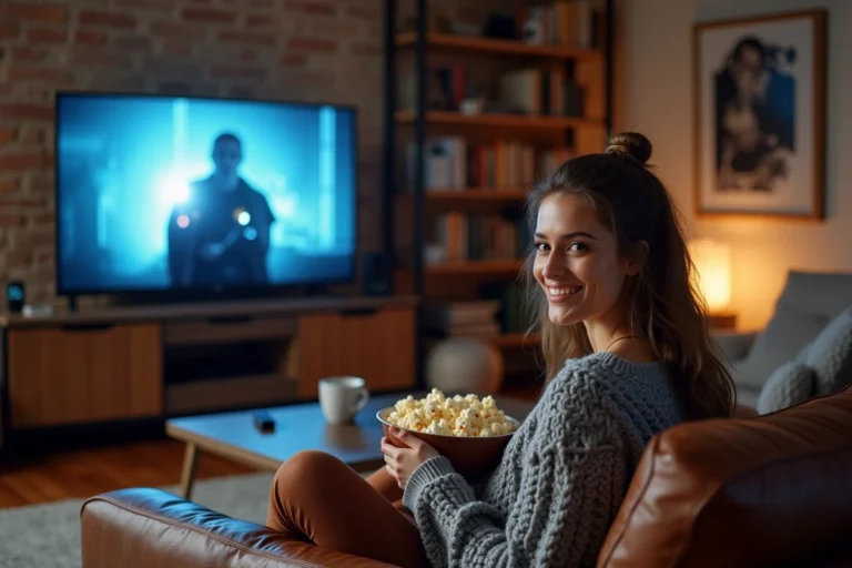 Jeune femme regardant un film en streaming sur un grand écran de télévision depuis son canapé, avec un bol de popcorn