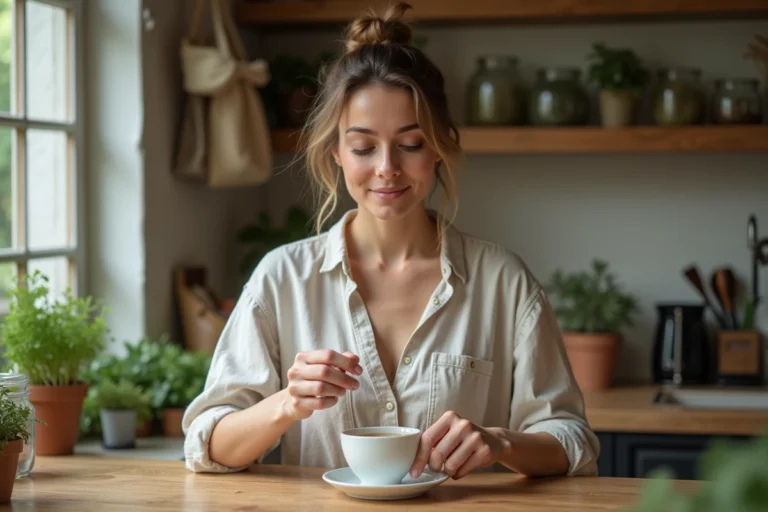 Femme versant du thé aux herbes dans une cuisine rustique