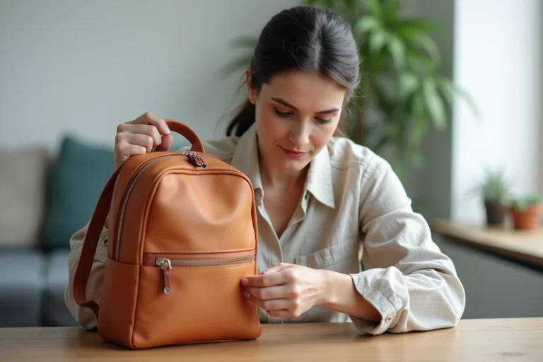 Femme inspectant de près les coutures et la fermeture éclair d'un sac Cabaia pour détecter une contrefaçon