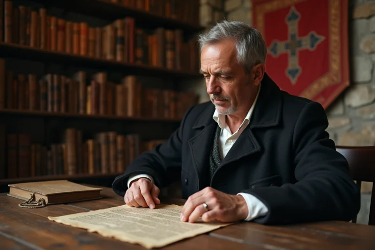 Historien examinant un manuscrit templier ancien dans une archive