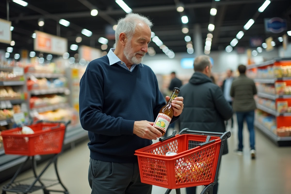Homme déposant une bouteille d'alcool à 90° pour fruits dans son panier dans un hypermarché Leclerc