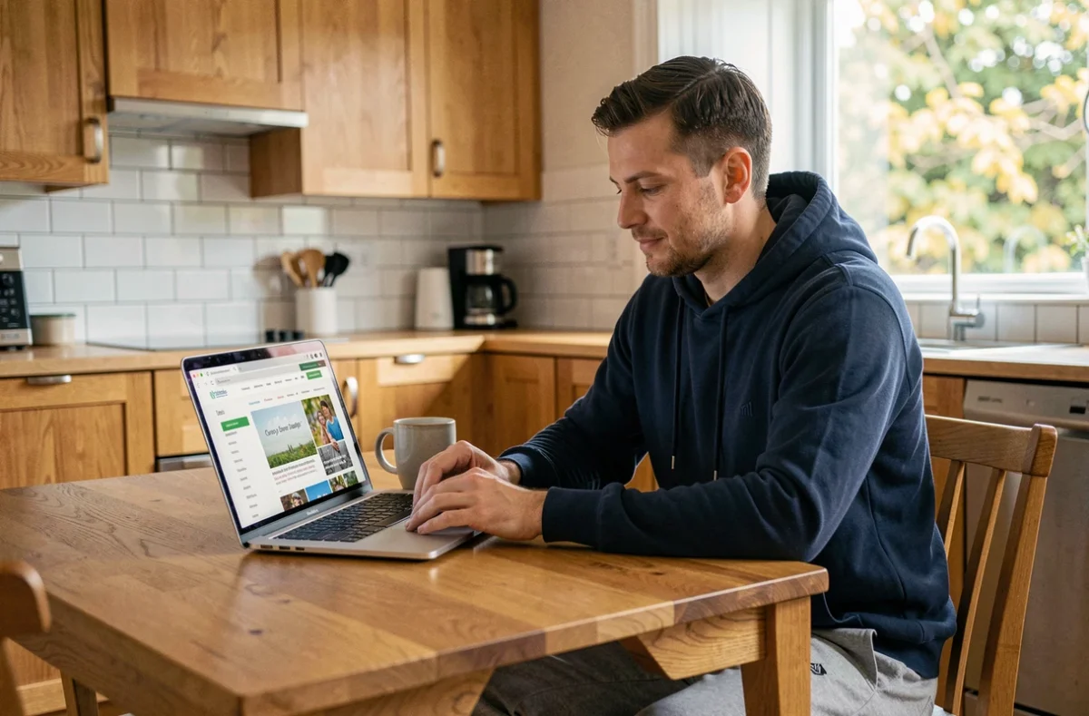 Homme consultant des actualités santé sur un ordinateur portable dans une cuisine moderne au quotidien