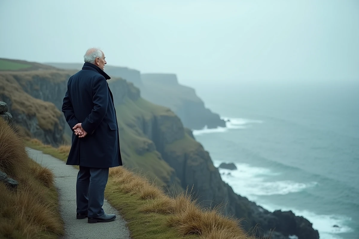 Homme âgé debout sur une falaise face à la mer grise, évoquant la solitude, le manque et la nostalgie