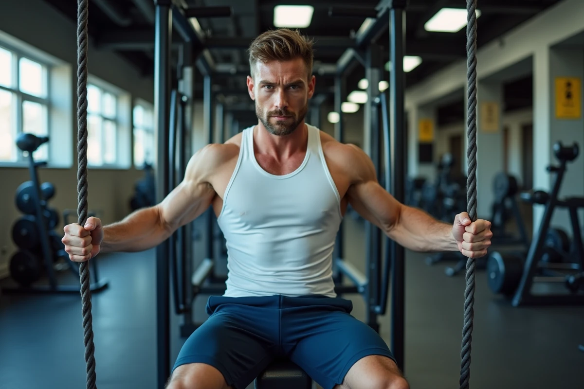 Homme réalisant des crunchs à la poulie dans une salle de sport Basic Fit pour travailler les abdominaux