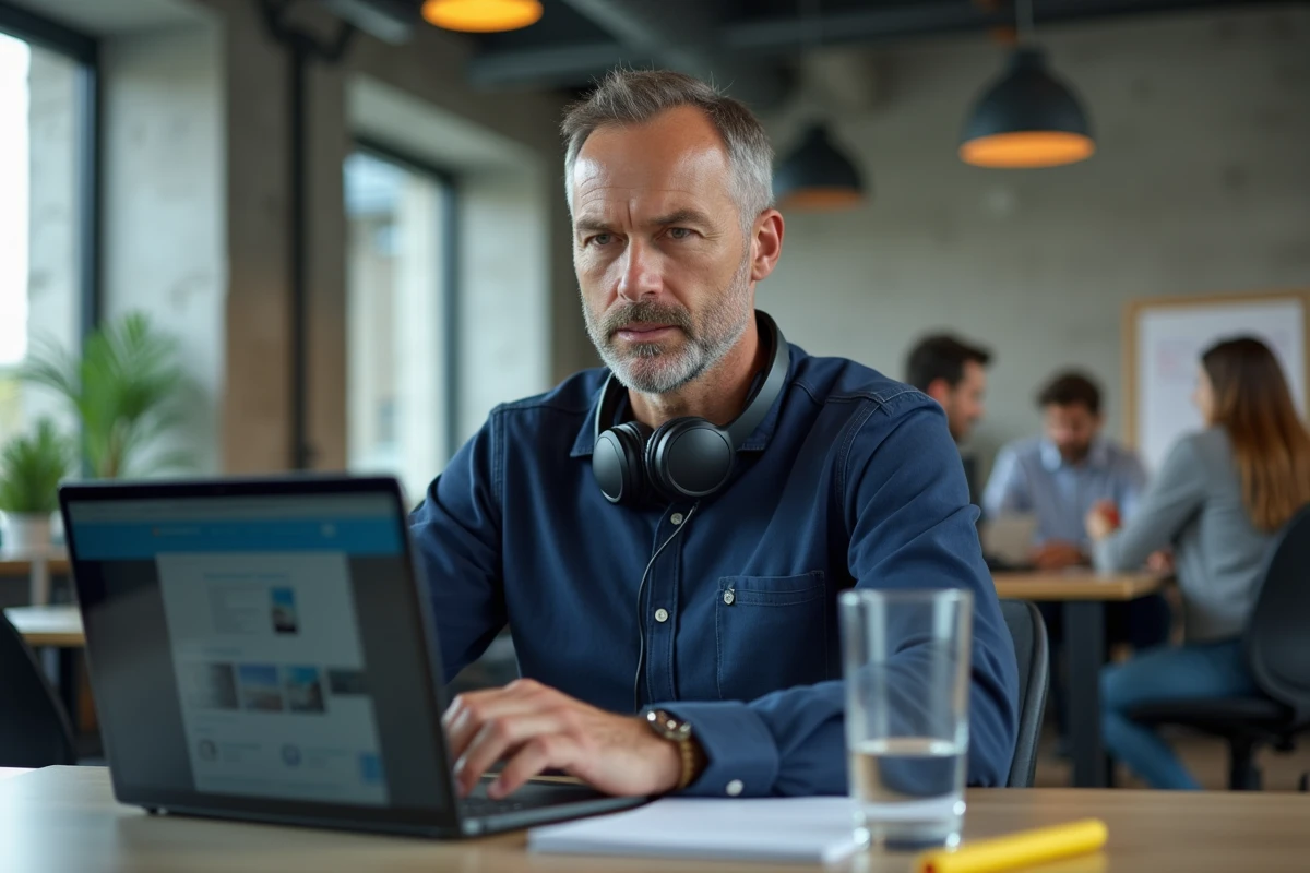 Homme en télétravail suivant un cours en ligne dans un espace de coworking moderne avec ordinateur portable et casque audio