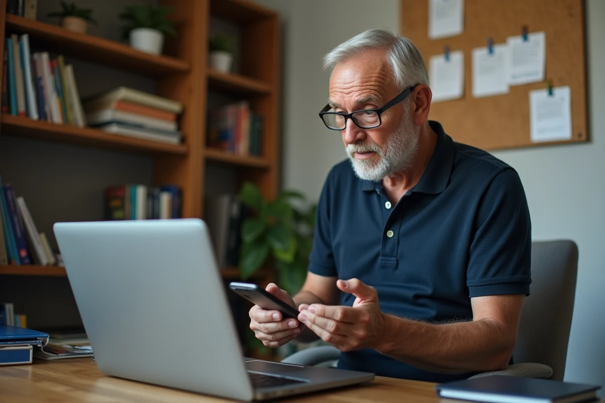 Un homme d'âge mûr consulte un guide de dépannage sur son ordinateur portable tout en tenant son téléphone Doro