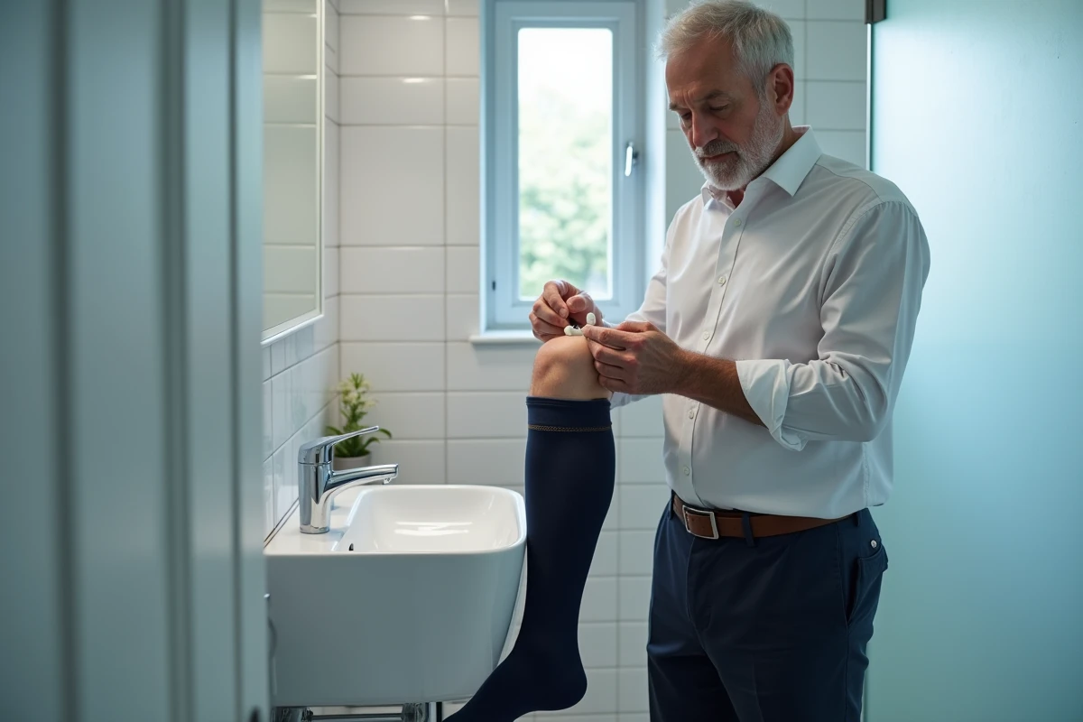 Homme fixant un accessoire de maintien pour bas de contention dans une salle de bain, solution anti-glissement pour bas médicaux
