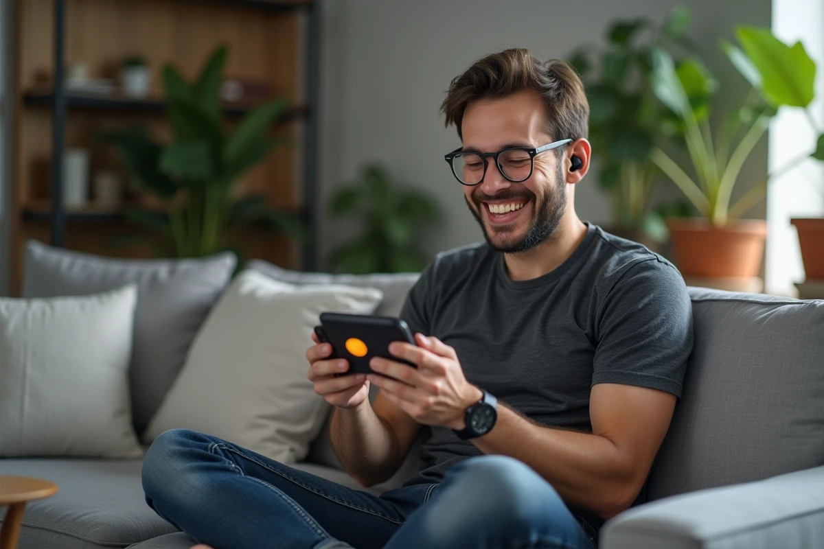Homme souriant tenant un gadget sonore avec bouton My Instant dans un salon moderne et lumineux