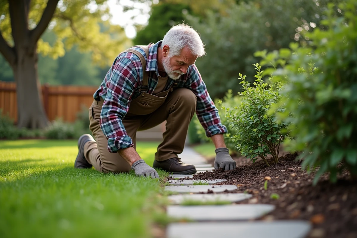 Homme en overalls plantant des arbustes dans un jardin