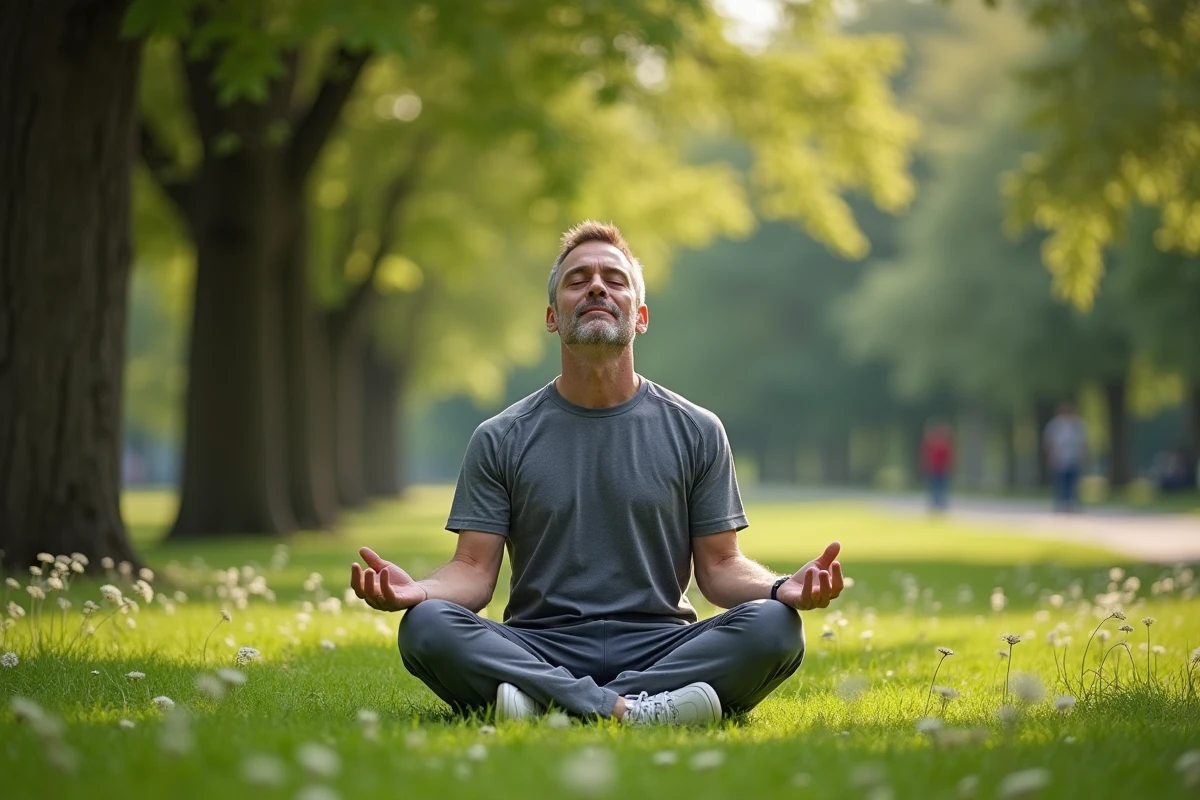 Homme méditant dans un parc verdoyant et paisible